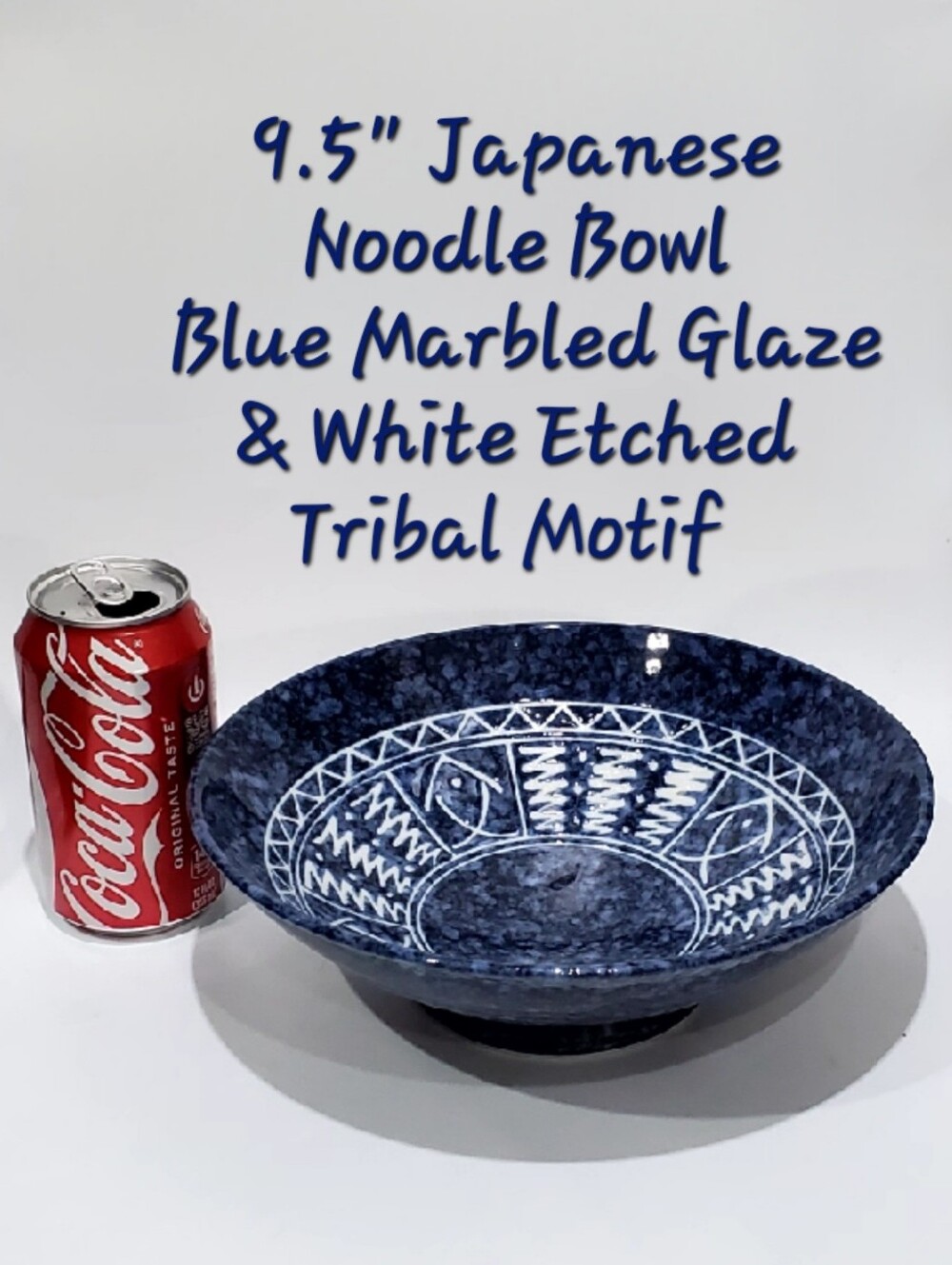 9.5" Japanese Pottery Noodle Bowl White Etched Motif Blue Marbled Glazed EUC